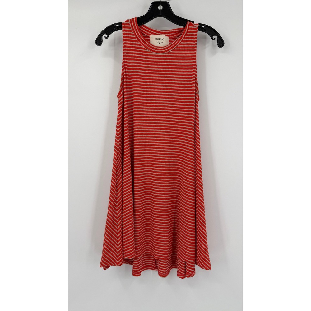 Puella Womens Red Tan Striped Ribbed Knit Sleeveless Swing Mini Dress Size M